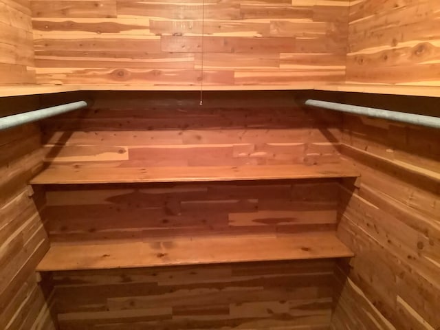 view of sauna with wooden walls