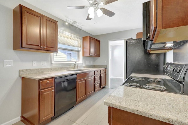 kitchen featuring ceiling fan, light tile patterned floors, sink, electric stove, and black dishwasher