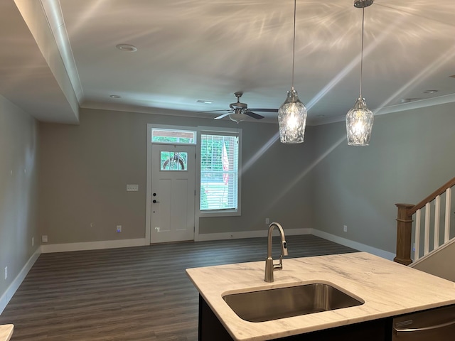 kitchen featuring dark wood-type flooring, an island with sink, crown molding, and sink