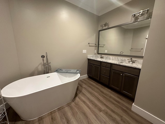 bathroom featuring wood-type flooring, a washtub, and vanity