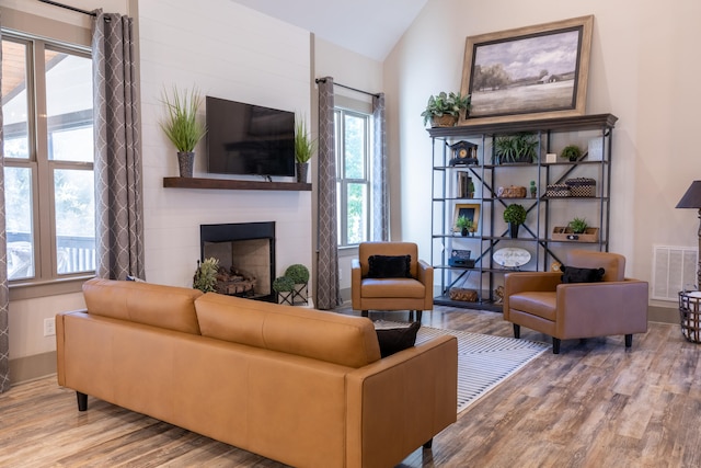 living room featuring hardwood / wood-style flooring and lofted ceiling