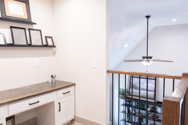 bathroom with lofted ceiling and ceiling fan