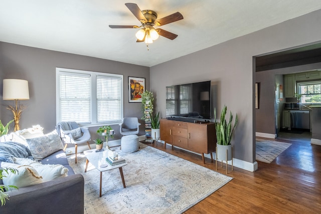 living room with dark hardwood / wood-style flooring, a wealth of natural light, and ceiling fan