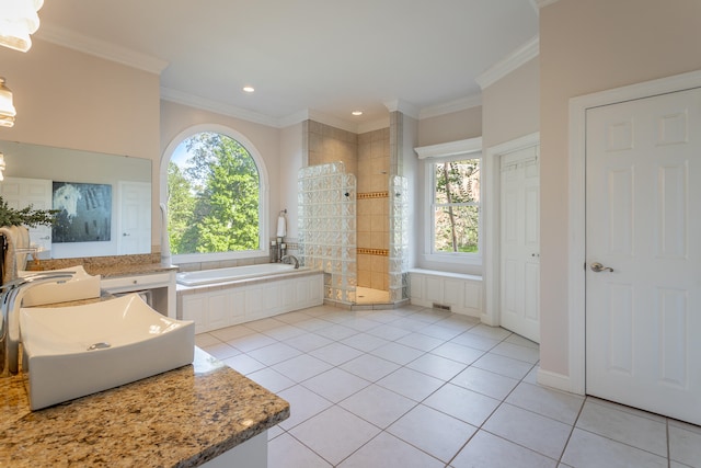 bathroom featuring crown molding, a healthy amount of sunlight, and tile patterned floors