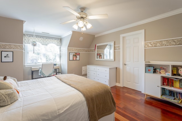 bedroom with ceiling fan, crown molding, lofted ceiling, and dark hardwood / wood-style flooring