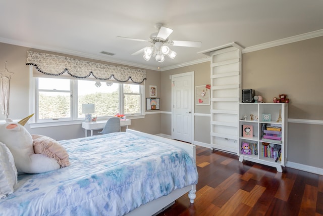 bedroom with dark hardwood / wood-style flooring, ornamental molding, and ceiling fan