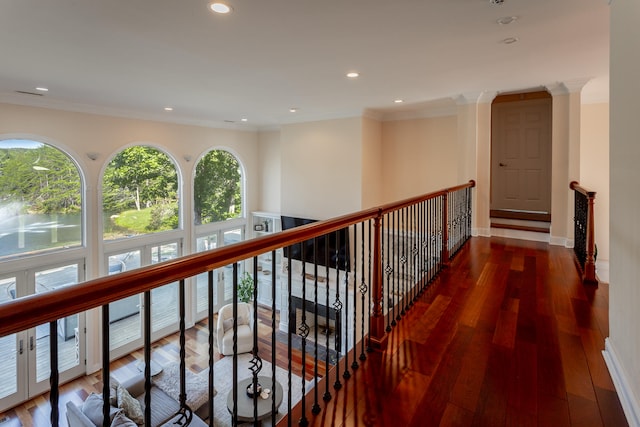 hallway featuring crown molding and dark hardwood / wood-style floors