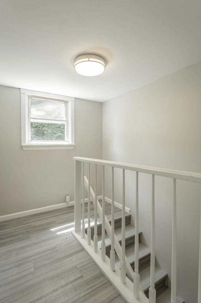 stairs featuring hardwood / wood-style flooring