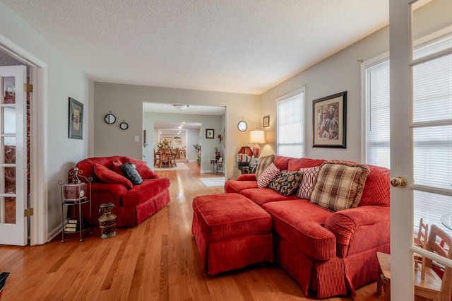 living room with light hardwood / wood-style flooring and a textured ceiling