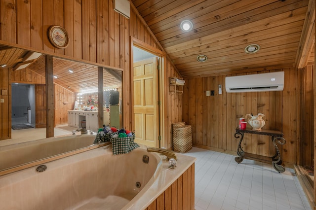 bathroom with wood ceiling, vaulted ceiling, wood walls, an AC wall unit, and a washtub