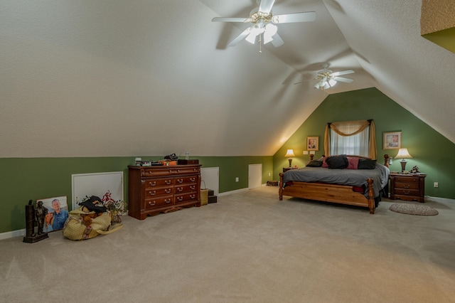 carpeted bedroom featuring vaulted ceiling and ceiling fan