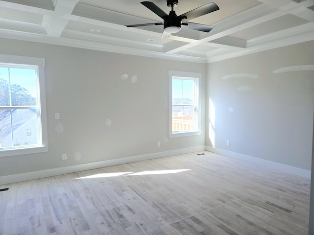 unfurnished room with beamed ceiling, ceiling fan, coffered ceiling, and light hardwood / wood-style flooring