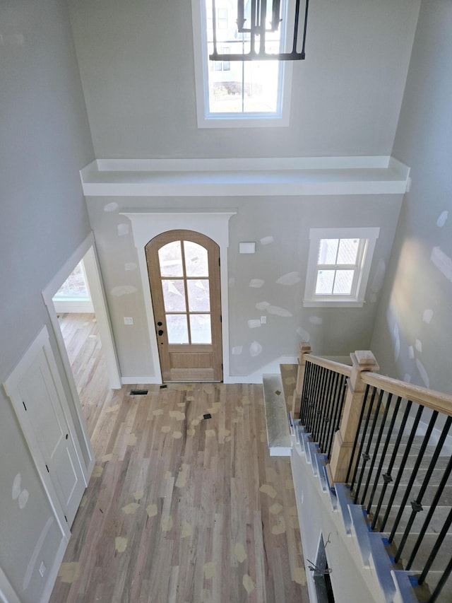 foyer with a wealth of natural light and light wood-type flooring