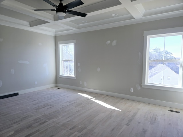 unfurnished room featuring ceiling fan, coffered ceiling, beam ceiling, and light wood-type flooring