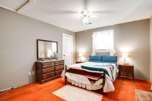 bedroom with light colored carpet and ceiling fan