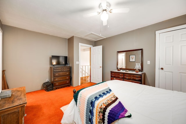 bedroom with light colored carpet and ceiling fan