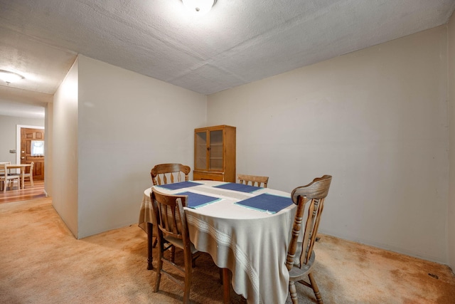 carpeted dining area with a textured ceiling