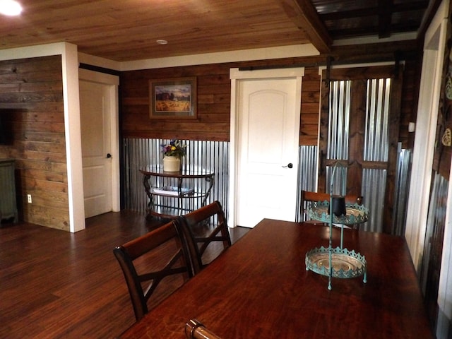 dining area with dark wood-type flooring and wooden ceiling