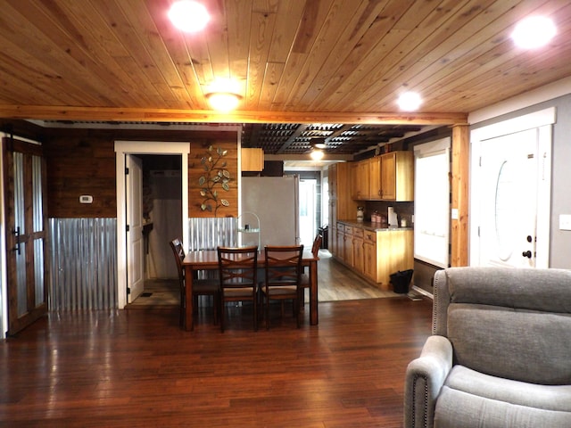 dining room featuring wooden ceiling and dark wood-type flooring