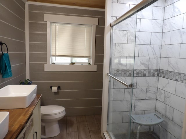 bathroom featuring a shower with shower door, vanity, and toilet