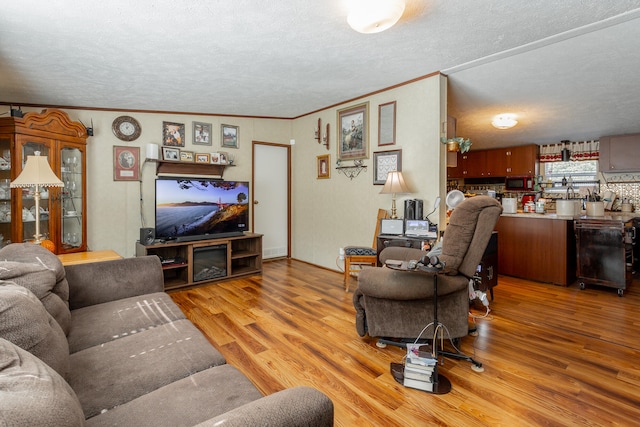 living room with ornamental molding, light wood-type flooring, lofted ceiling, and a textured ceiling