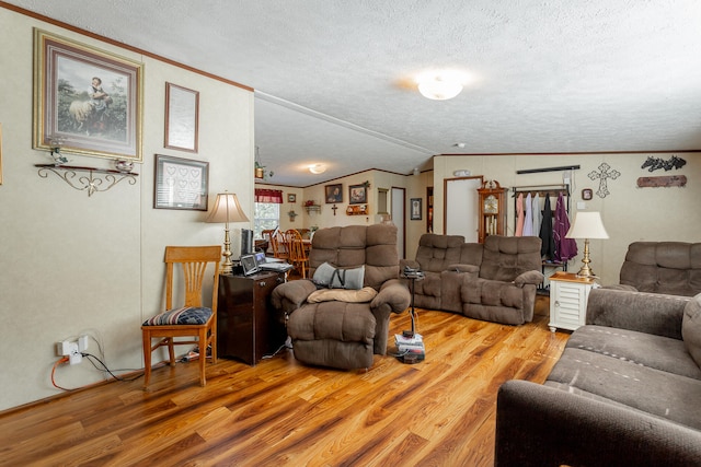 living room featuring light wood-type flooring, vaulted ceiling, and a textured ceiling