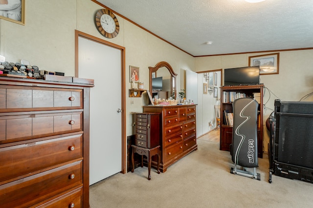 bedroom with light carpet, a textured ceiling, crown molding, and vaulted ceiling