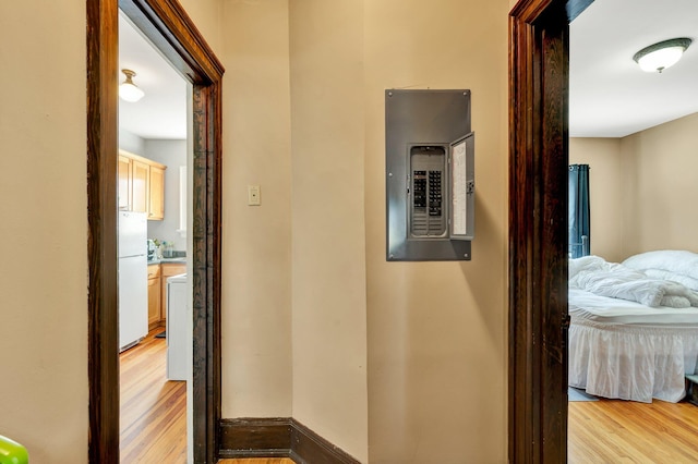 corridor featuring electric panel and light wood-type flooring