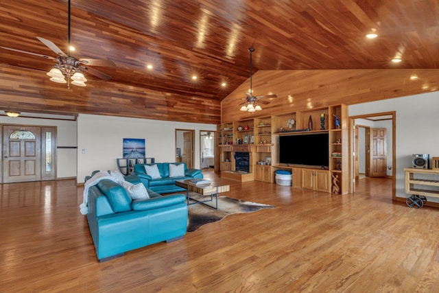 living room with built in features, ceiling fan, wooden ceiling, light hardwood / wood-style flooring, and high vaulted ceiling