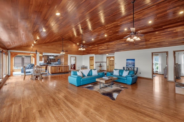 living room with ceiling fan, light hardwood / wood-style floors, high vaulted ceiling, and wooden ceiling