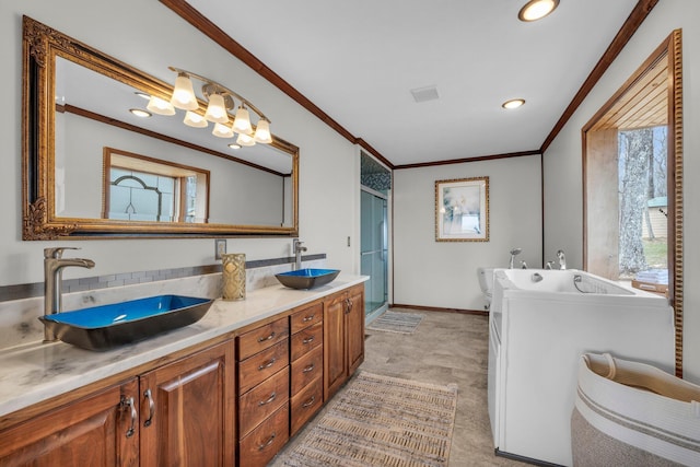 bathroom with walk in shower, crown molding, and vanity