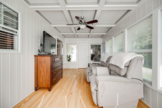 interior space with coffered ceiling, light hardwood / wood-style floors, and a healthy amount of sunlight