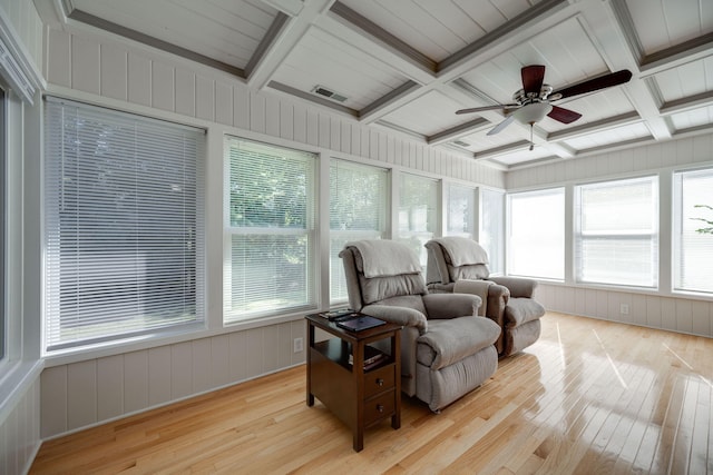 sunroom / solarium with coffered ceiling, ceiling fan, a healthy amount of sunlight, and beamed ceiling