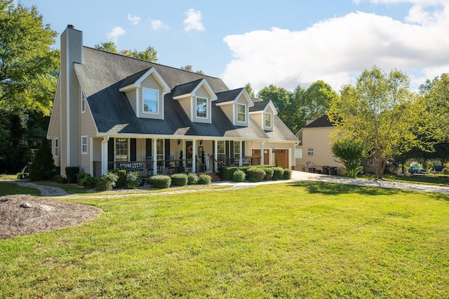 cape cod-style house with covered porch, a front lawn, and a garage