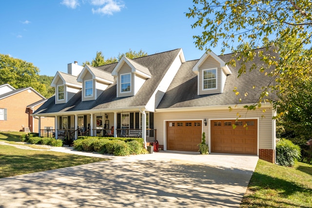 cape cod-style house with a front yard, a garage, and a porch