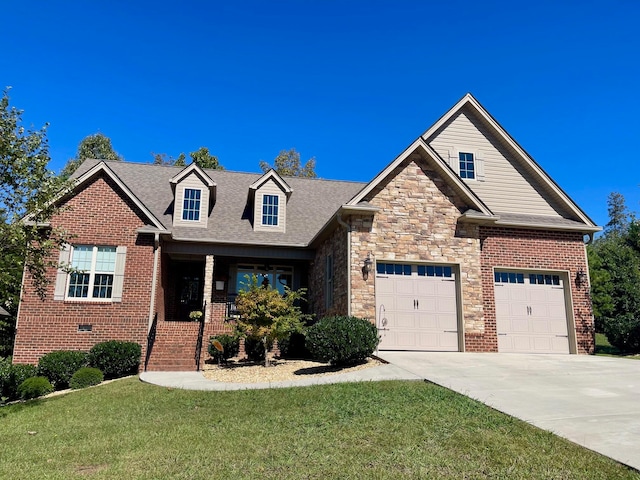 craftsman inspired home featuring a front yard, a garage, and a porch