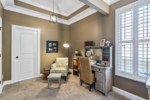 carpeted home office featuring ornamental molding