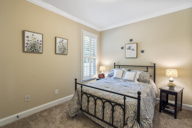 carpeted bedroom with crown molding