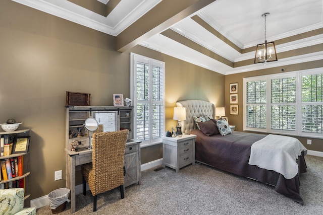 carpeted bedroom featuring an inviting chandelier, crown molding, and multiple windows