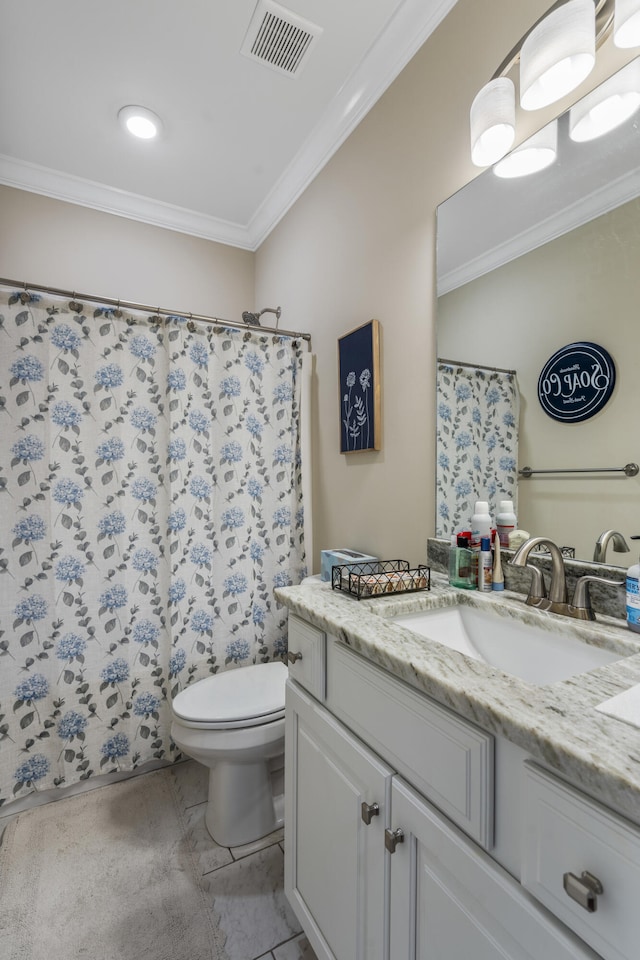 bathroom featuring ornamental molding, vanity, toilet, and curtained shower