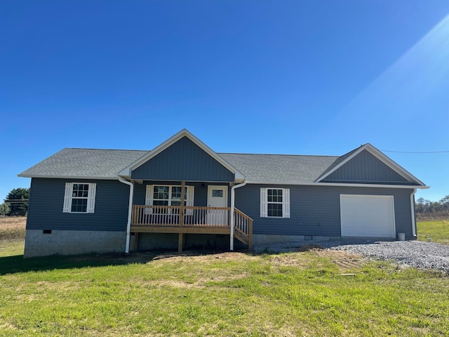 ranch-style house with a garage, gravel driveway, covered porch, a front yard, and crawl space