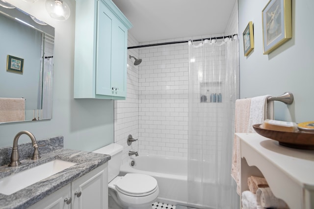 full bathroom with toilet, vanity, shower / bathtub combination with curtain, and tile patterned flooring