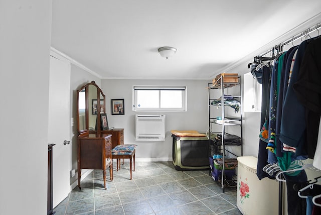 interior space with crown molding and heating unit