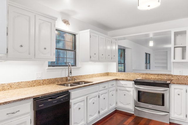 kitchen with black dishwasher, sink, white cabinets, stainless steel electric range oven, and dark hardwood / wood-style flooring