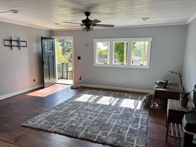 interior space featuring dark hardwood / wood-style flooring, wooden ceiling, ceiling fan, and crown molding