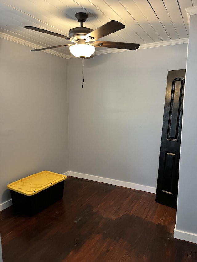 unfurnished room featuring crown molding, ceiling fan, wood ceiling, and dark hardwood / wood-style floors