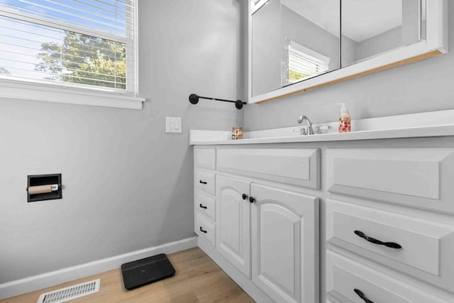 bathroom with hardwood / wood-style flooring and vanity