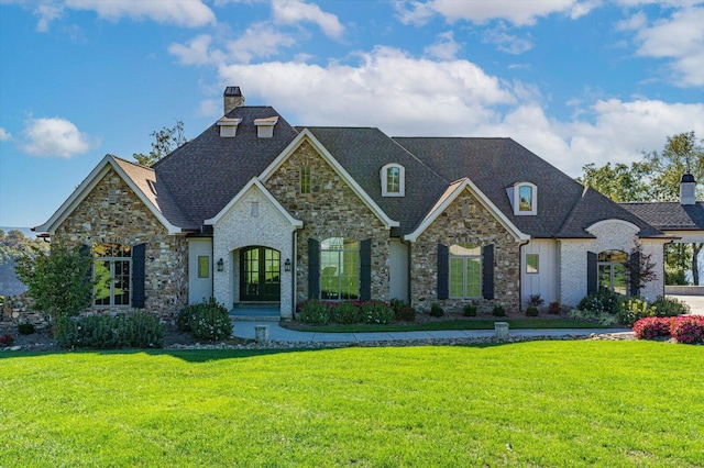 french country style house featuring a front lawn