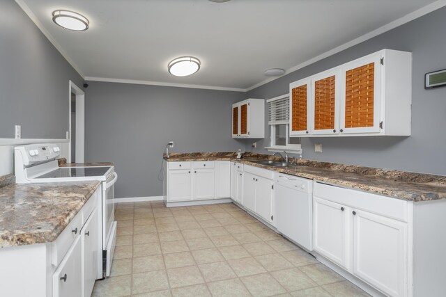 kitchen featuring crown molding, white cabinets, and white appliances