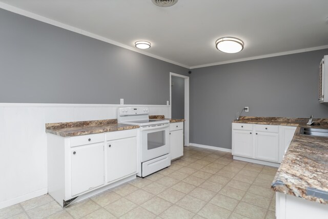 kitchen with ornamental molding, sink, white range with electric cooktop, and white cabinets